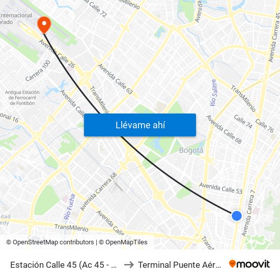 Estación Calle 45 (Ac 45 - Av. Caracas) to Terminal Puente Aéreo Bogotá map