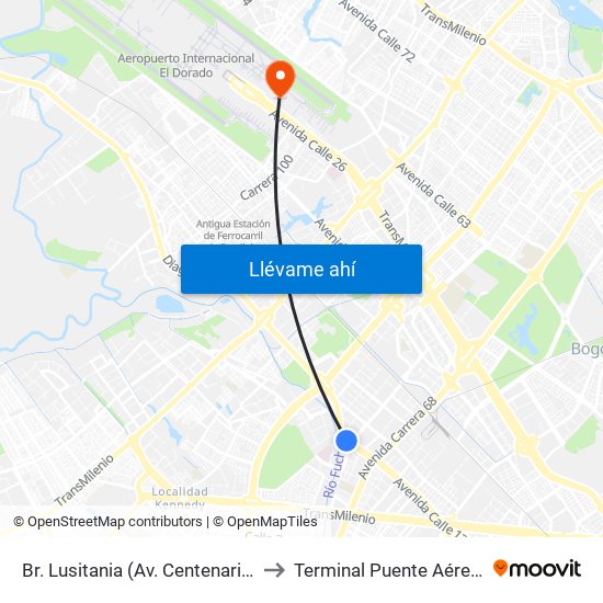Br. Lusitania (Av. Centenario - Ak 68d) to Terminal Puente Aéreo Bogotá map