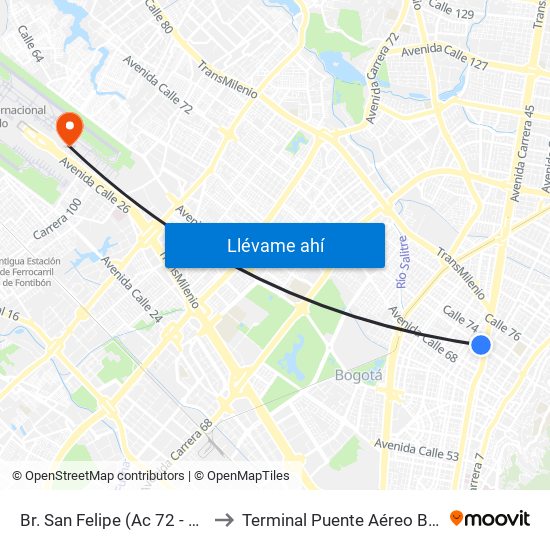 Br. San Felipe (Ac 72 - Kr 17) to Terminal Puente Aéreo Bogotá map