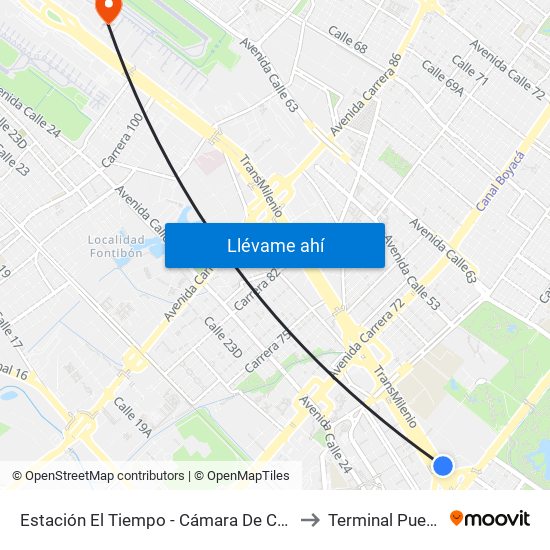 Estación El Tiempo - Cámara De Comercio De Bogotá (Ac 26 - Kr 68b Bis) to Terminal Puente Aéreo Bogotá map