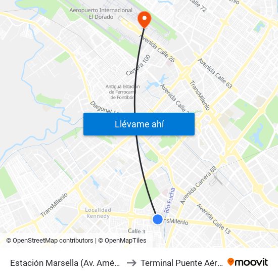 Estación Marsella (Av. Américas - Kr 69b) to Terminal Puente Aéreo Bogotá map