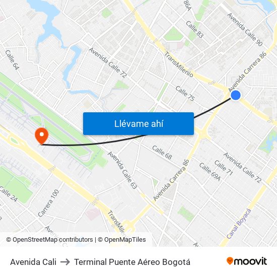 Avenida Cali to Terminal Puente Aéreo Bogotá map