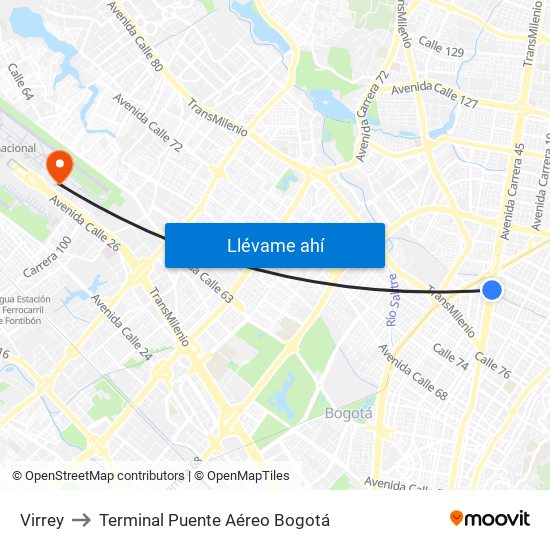 Virrey to Terminal Puente Aéreo Bogotá map