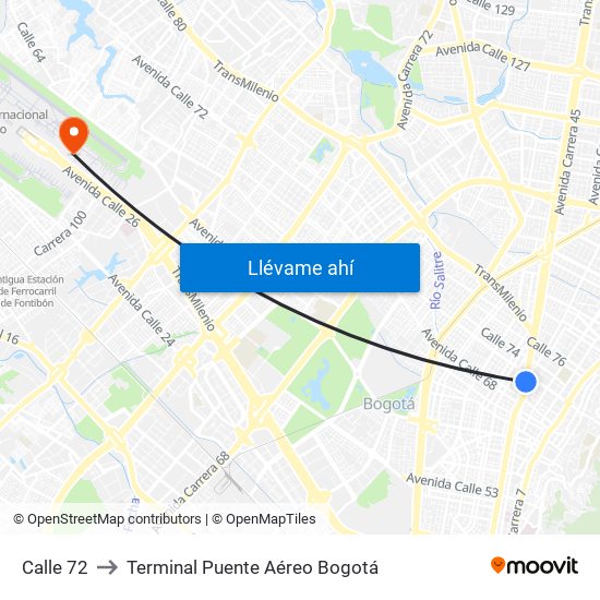 Calle 72 to Terminal Puente Aéreo Bogotá map