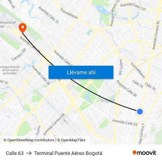 Calle 63 to Terminal Puente Aéreo Bogotá map