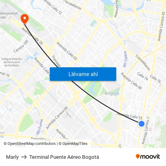 Marly to Terminal Puente Aéreo Bogotá map
