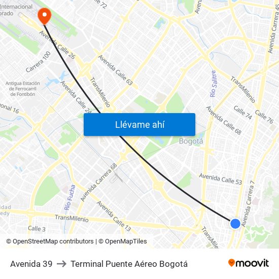 Avenida 39 to Terminal Puente Aéreo Bogotá map