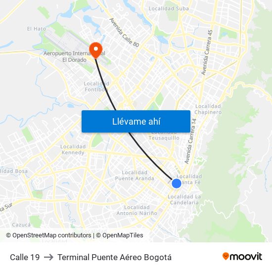 Calle 19 to Terminal Puente Aéreo Bogotá map