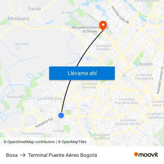 Bosa to Terminal Puente Aéreo Bogotá map