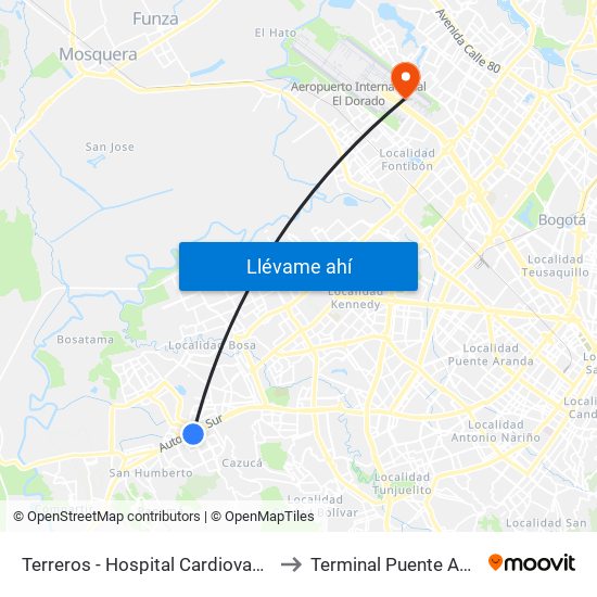 Terreros - Hospital Cardiovascular (Lado Sur) to Terminal Puente Aéreo Bogotá map