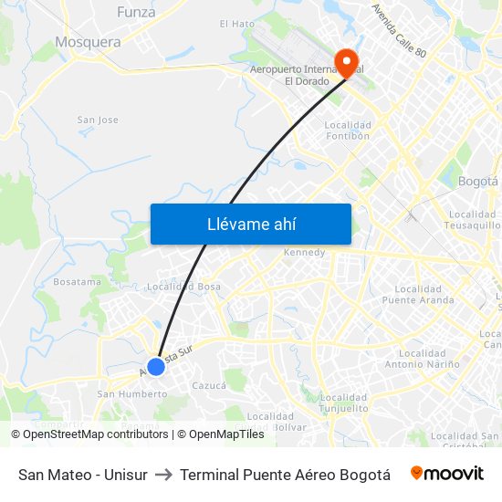 San Mateo - Unisur to Terminal Puente Aéreo Bogotá map