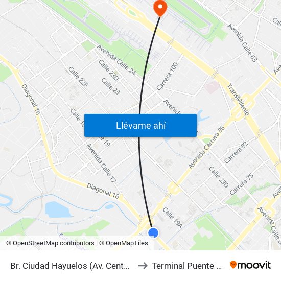 Br. Ciudad Hayuelos (Av. Centenario - Av. C. De Cali) to Terminal Puente Aéreo Bogotá map