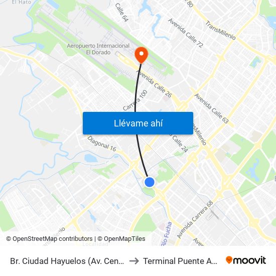 Br. Ciudad Hayuelos (Av. Centenario - Kr 78g) to Terminal Puente Aéreo Bogotá map