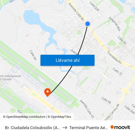 Br. Ciudadela Colsubsidio (Ac 80 - Kr 112a) to Terminal Puente Aéreo Bogotá map