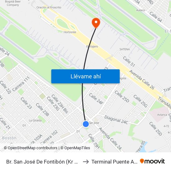 Br. San José De Fontibón (Kr 100 - Av. Esperanza) to Terminal Puente Aéreo Bogotá map