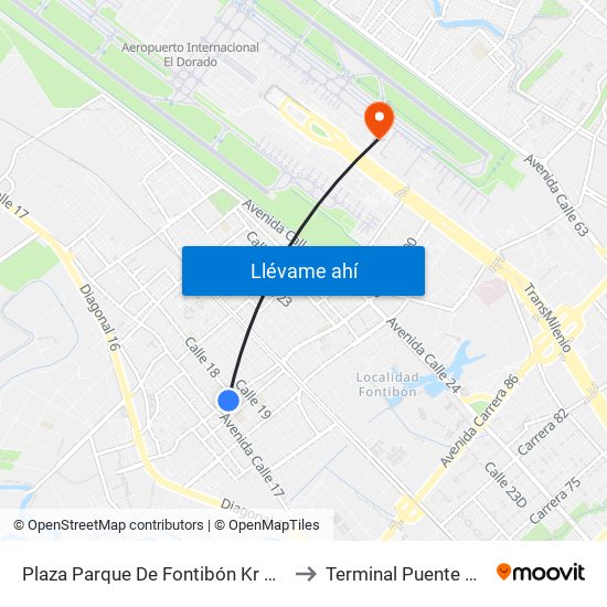 Plaza Parque De Fontibón Kr 100 (Kr 100 - Cl 17a) to Terminal Puente Aéreo Bogotá map