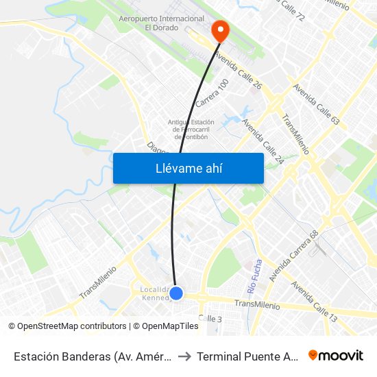 Estación Banderas (Av. Américas - Kr 78a) (A) to Terminal Puente Aéreo Bogotá map