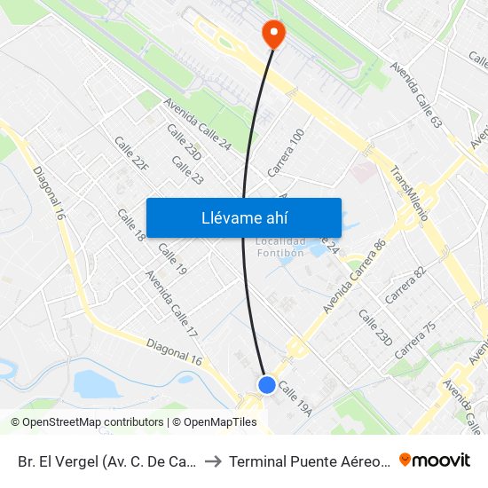 Br. El Vergel (Av. C. De Cali - Cl 18) to Terminal Puente Aéreo Bogotá map