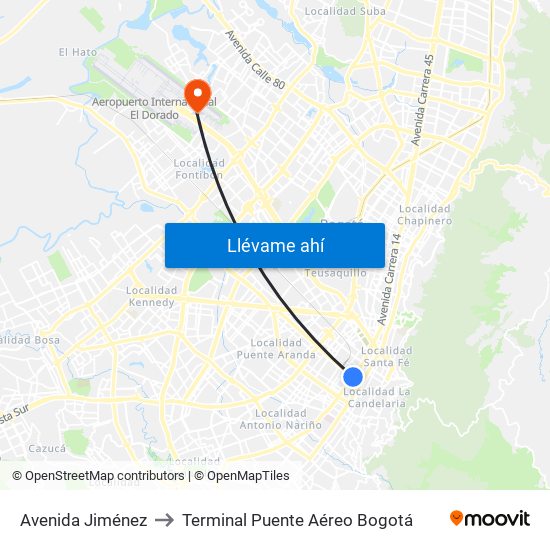 Avenida Jiménez to Terminal Puente Aéreo Bogotá map