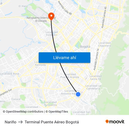 Nariño to Terminal Puente Aéreo Bogotá map