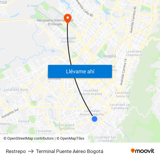Restrepo to Terminal Puente Aéreo Bogotá map