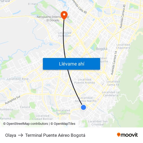 Olaya to Terminal Puente Aéreo Bogotá map