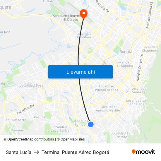 Santa Lucía to Terminal Puente Aéreo Bogotá map