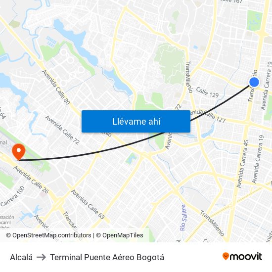 Alcalá to Terminal Puente Aéreo Bogotá map