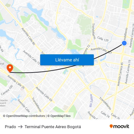 Prado to Terminal Puente Aéreo Bogotá map