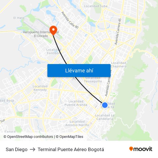 San Diego to Terminal Puente Aéreo Bogotá map