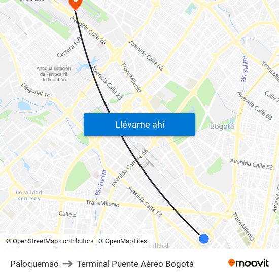 Paloquemao to Terminal Puente Aéreo Bogotá map