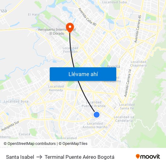 Santa Isabel to Terminal Puente Aéreo Bogotá map