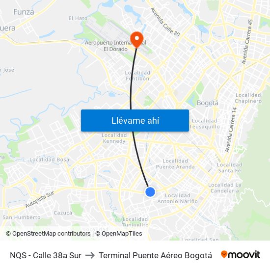 NQS - Calle 38a Sur to Terminal Puente Aéreo Bogotá map