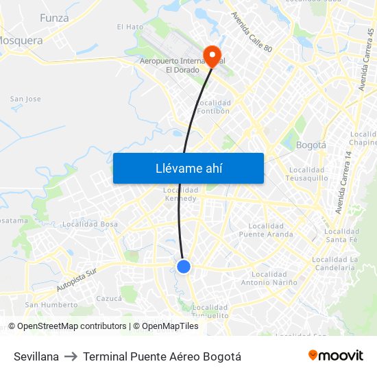 Sevillana to Terminal Puente Aéreo Bogotá map