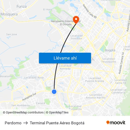 Perdomo to Terminal Puente Aéreo Bogotá map