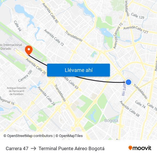 Carrera 47 to Terminal Puente Aéreo Bogotá map