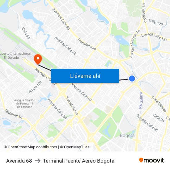 Avenida 68 to Terminal Puente Aéreo Bogotá map