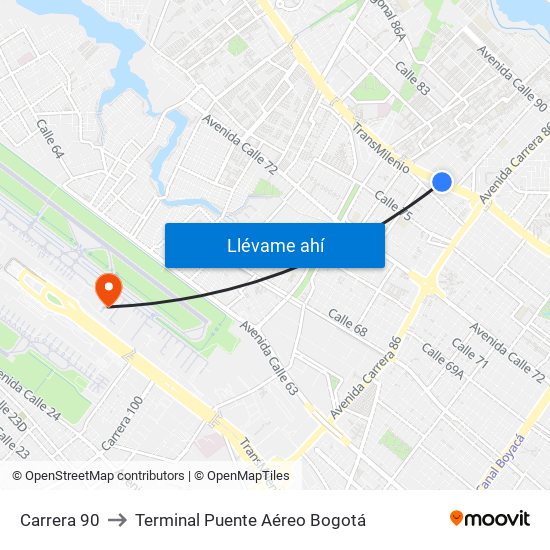 Carrera 90 to Terminal Puente Aéreo Bogotá map