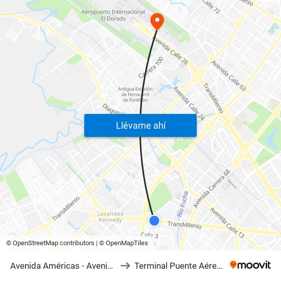 Avenida Américas - Avenida Boyacá to Terminal Puente Aéreo Bogotá map