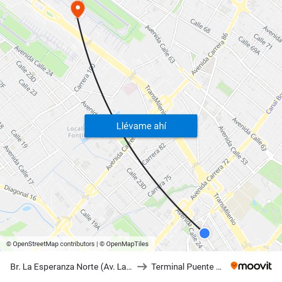 Br. La Esperanza Norte (Av. La Esperanza - Kr 69d) to Terminal Puente Aéreo Bogotá map