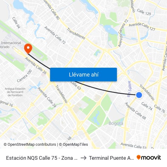 Estación NQS Calle 75 - Zona M (Av. NQS - Cl 75) to Terminal Puente Aéreo Bogotá map