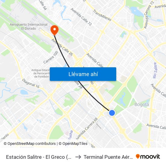 Estación Salitre - El Greco (Ac 26 - Ak 68) to Terminal Puente Aéreo Bogotá map