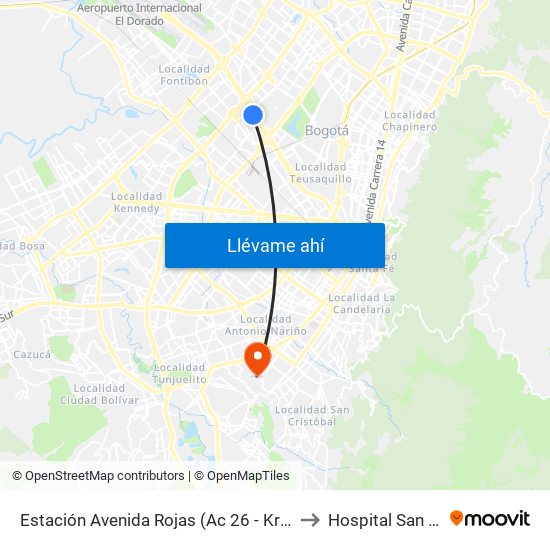 Estación Avenida Rojas (Ac 26 - Kr 69d Bis) (B) to Hospital San Carlos map