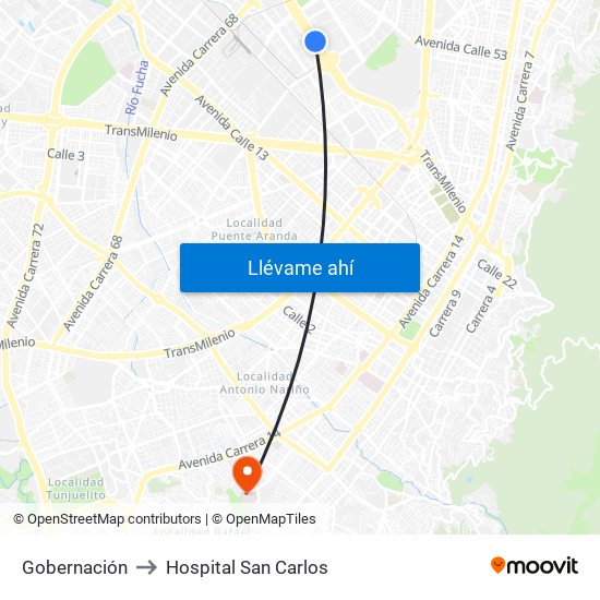 Gobernación to Hospital San Carlos map