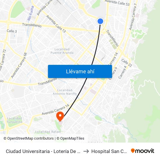 Ciudad Universitaria - Lotería De Bogotá to Hospital San Carlos map