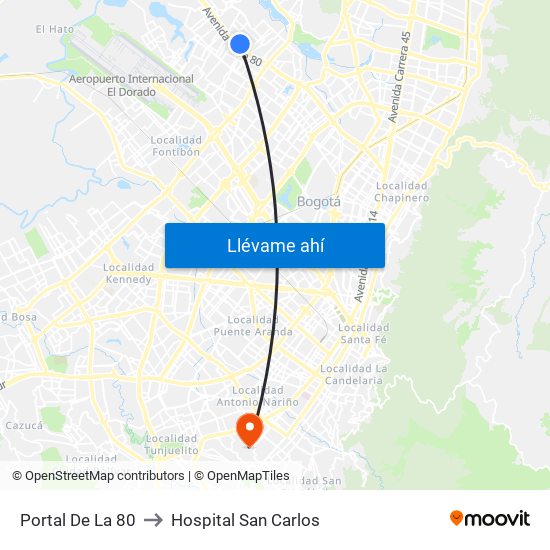 Portal De La 80 to Hospital San Carlos map