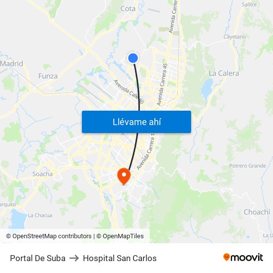Portal De Suba to Hospital San Carlos map
