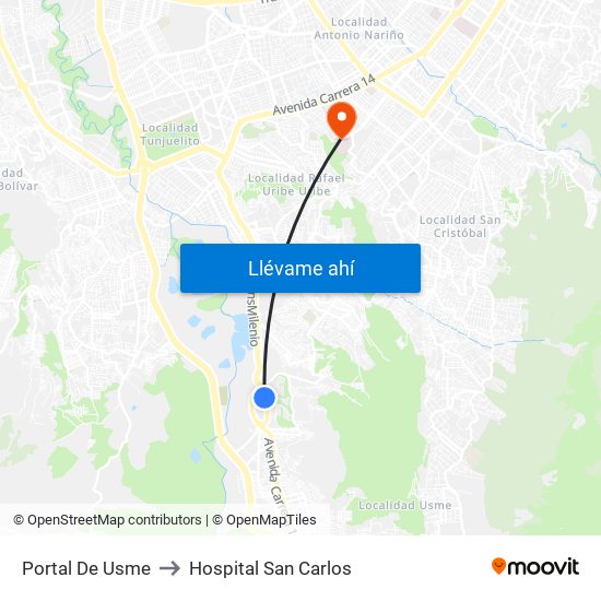 Portal De Usme to Hospital San Carlos map