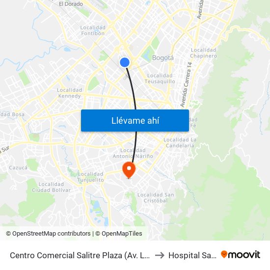 Centro Comercial Salitre Plaza (Av. La Esperanza - Kr 68b) to Hospital San Carlos map