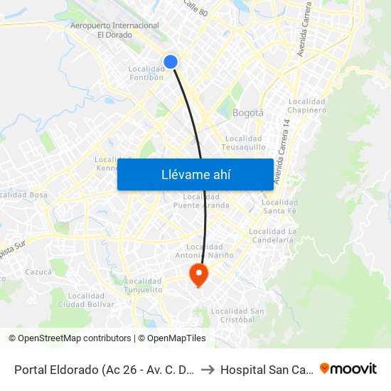 Portal Eldorado (Ac 26 - Av. C. De Cali) to Hospital San Carlos map